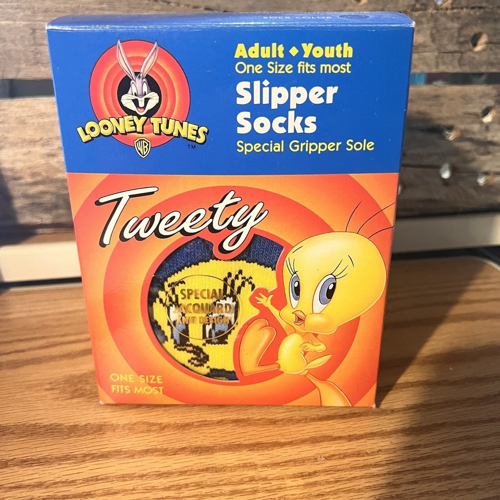 Vintage Looney Tunes TWEETY Blue Slipper Socks Warner Bros. Novelty Cartoon 1997